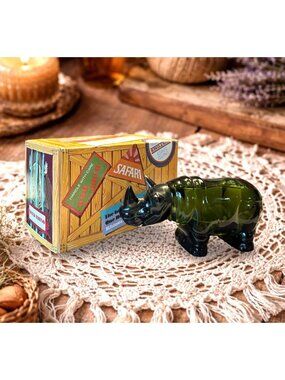 Vintage Avon Full Men's After Shave Green Glass Rhinoceros Figurine Bottle With